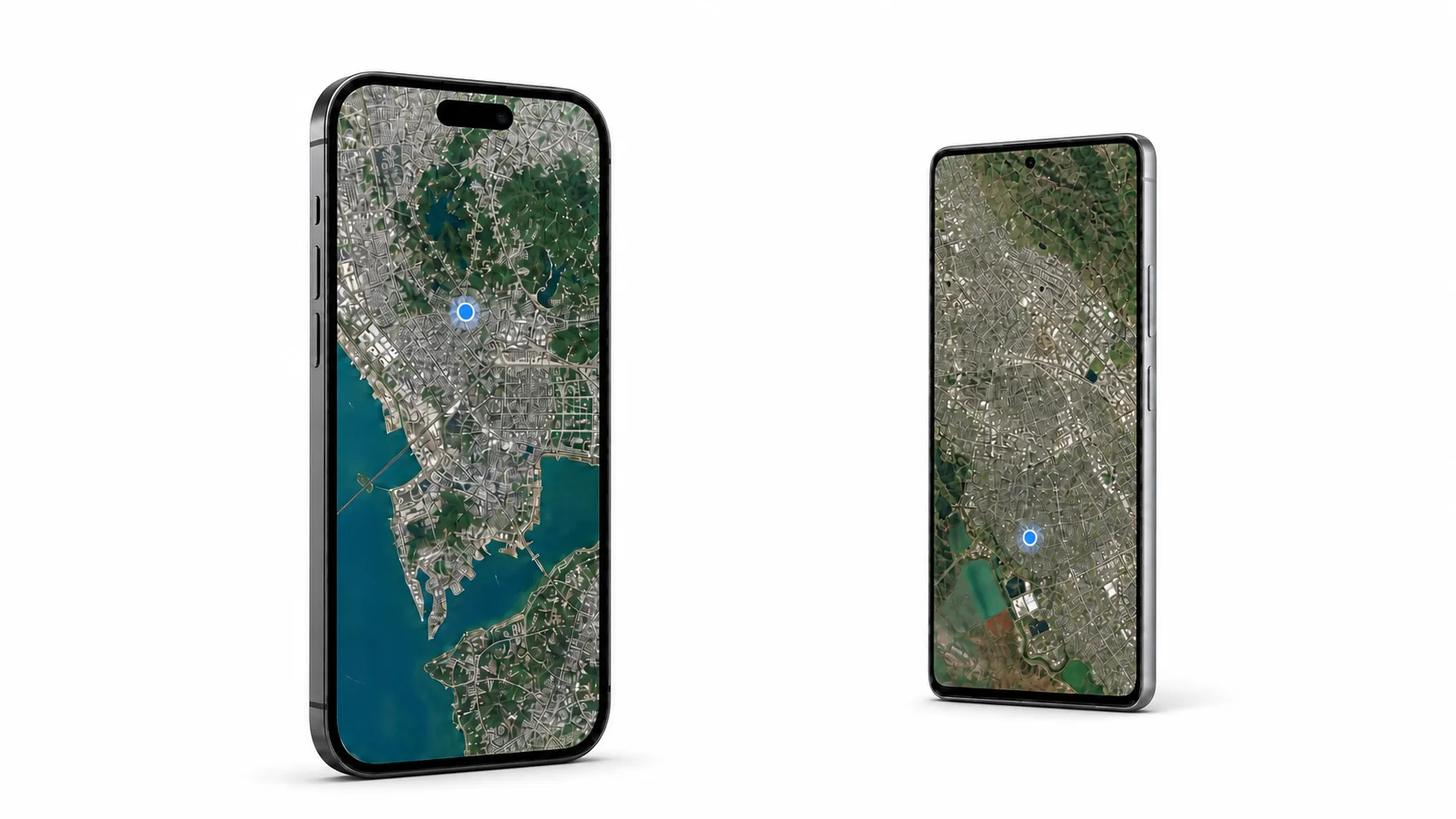 iPhone 与 Android 手机并列显示地图定位的示意图